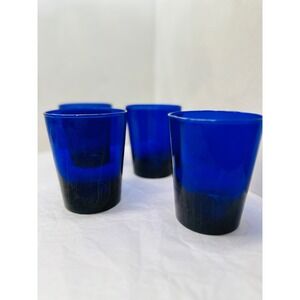 Set of 4 Cobalt Blue Blown Glass Tumblers Weighted Base Drinking Glasses 10 oz